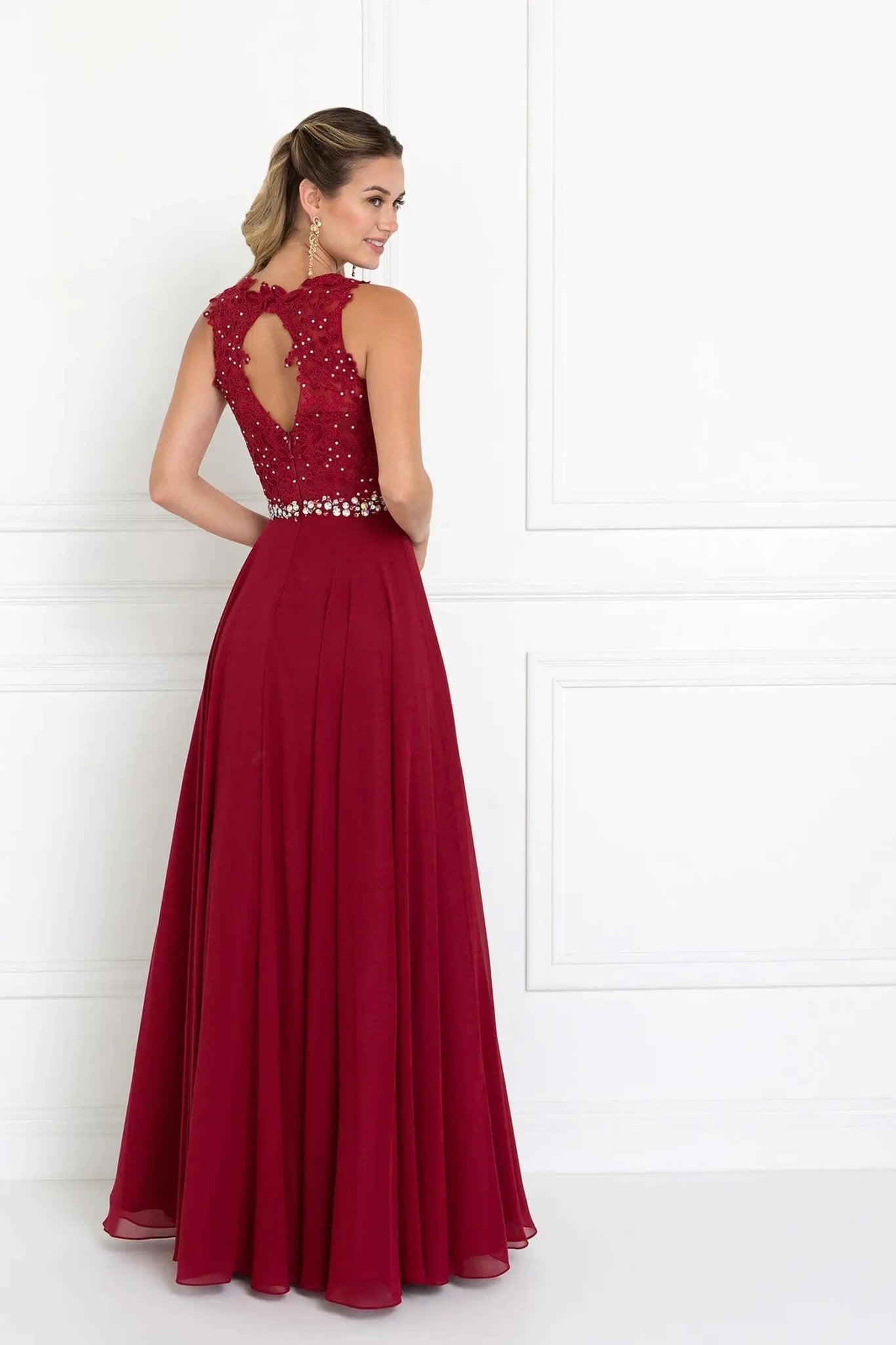 Burgundy embellished formal dress back bodice detail