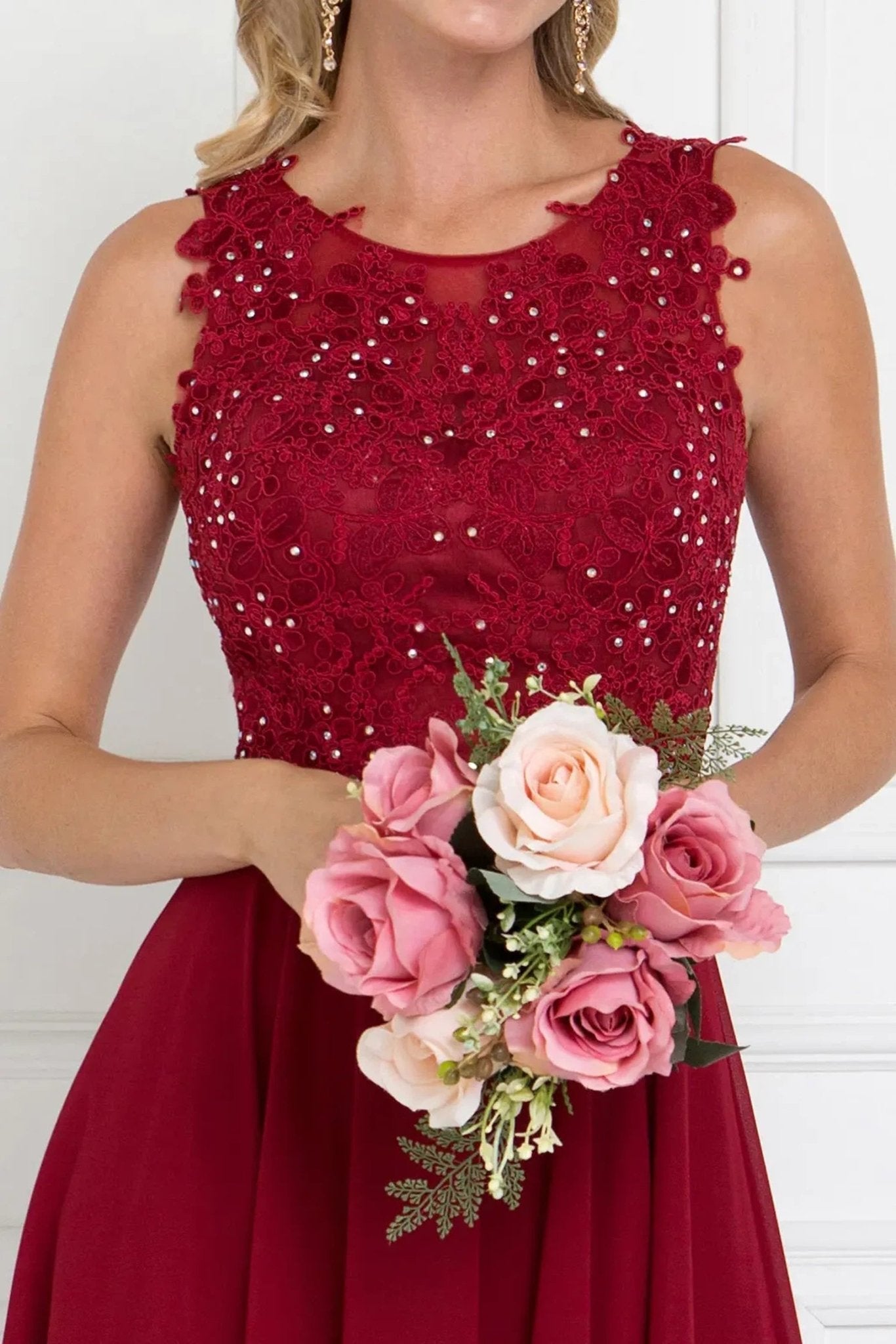 Burgundy embellished formal dress front bodice view