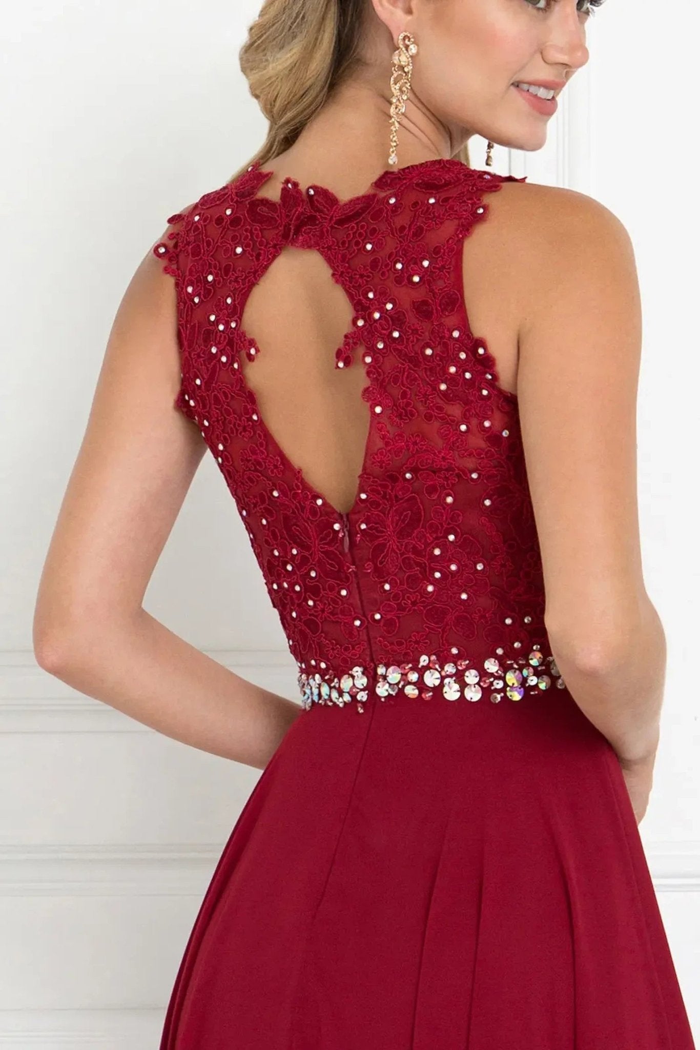 Burgundy embellished formal dress full front view