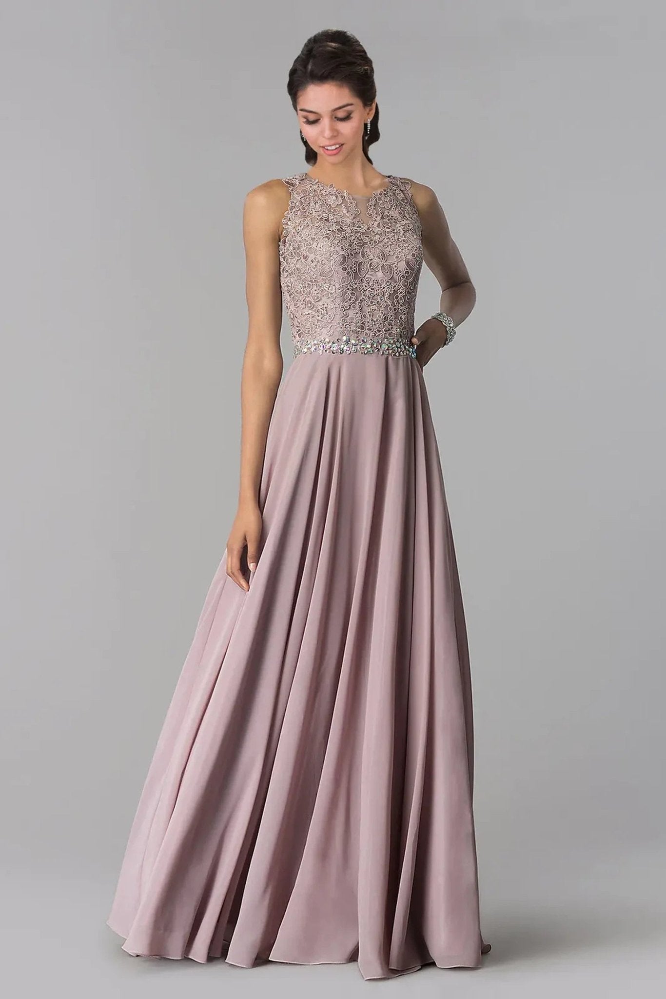 Mauve embellished formal dress front bodice view