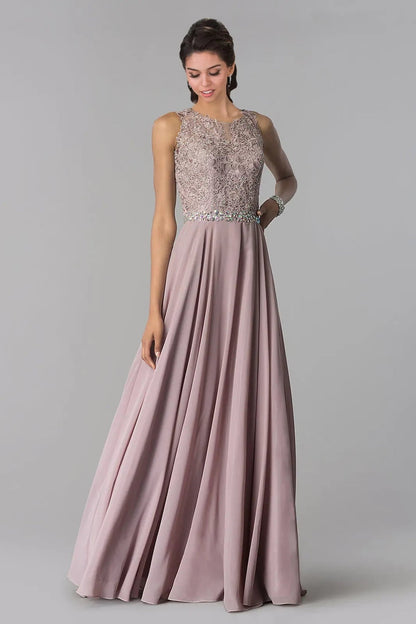 Bodice close-up highlights mauve embellished formal dress.