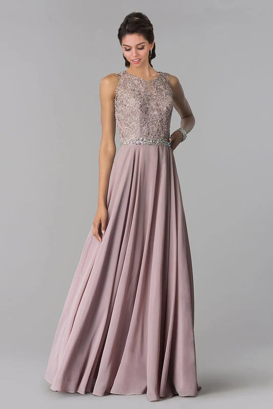 Bodice close-up highlights mauve embellished formal dress.