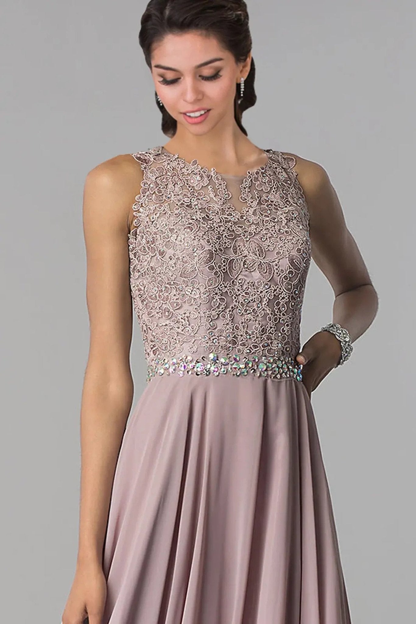 Mauve embellished formal dress full front view