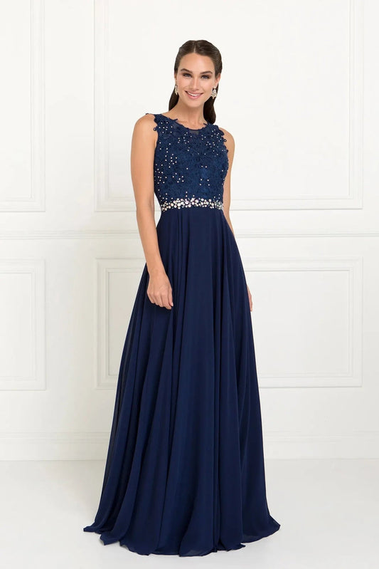 Navy embellished formal dress detail