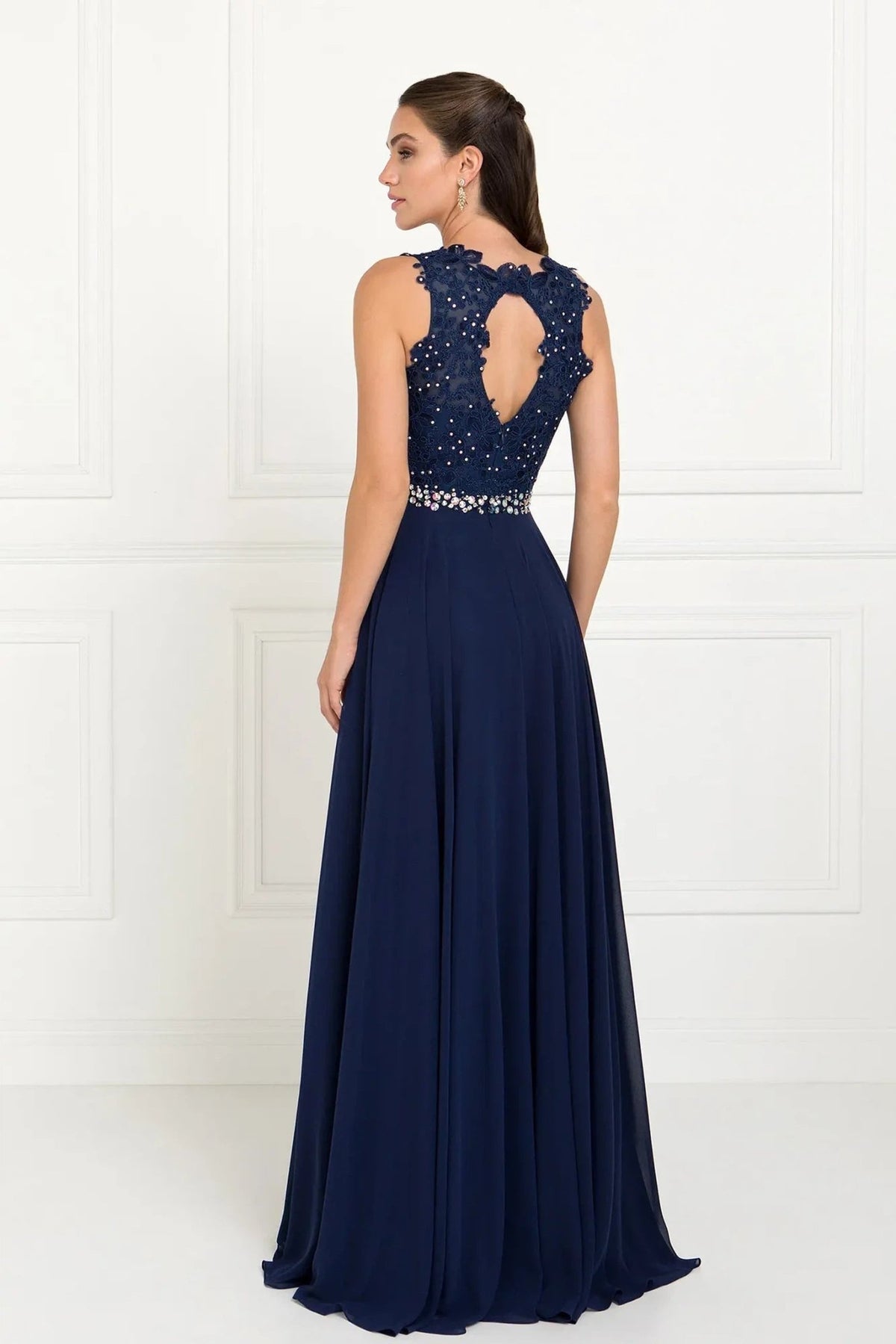 Navy embellished formal dress side detail