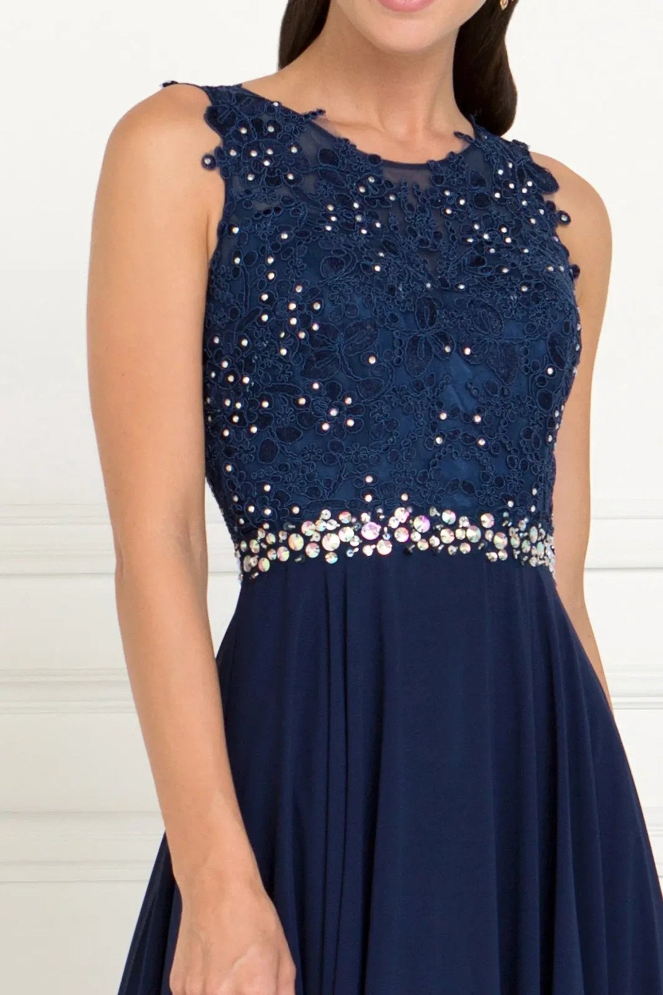Navy embellished formal dress full back view