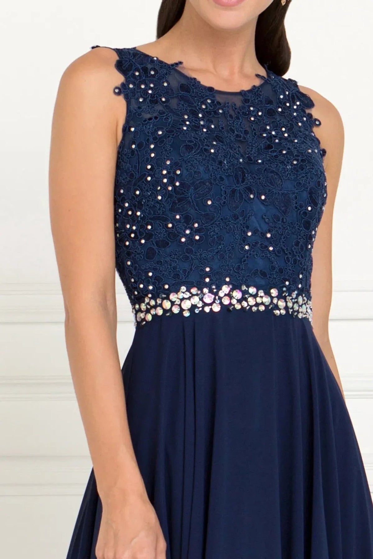 Navy embellished formal dress full back view