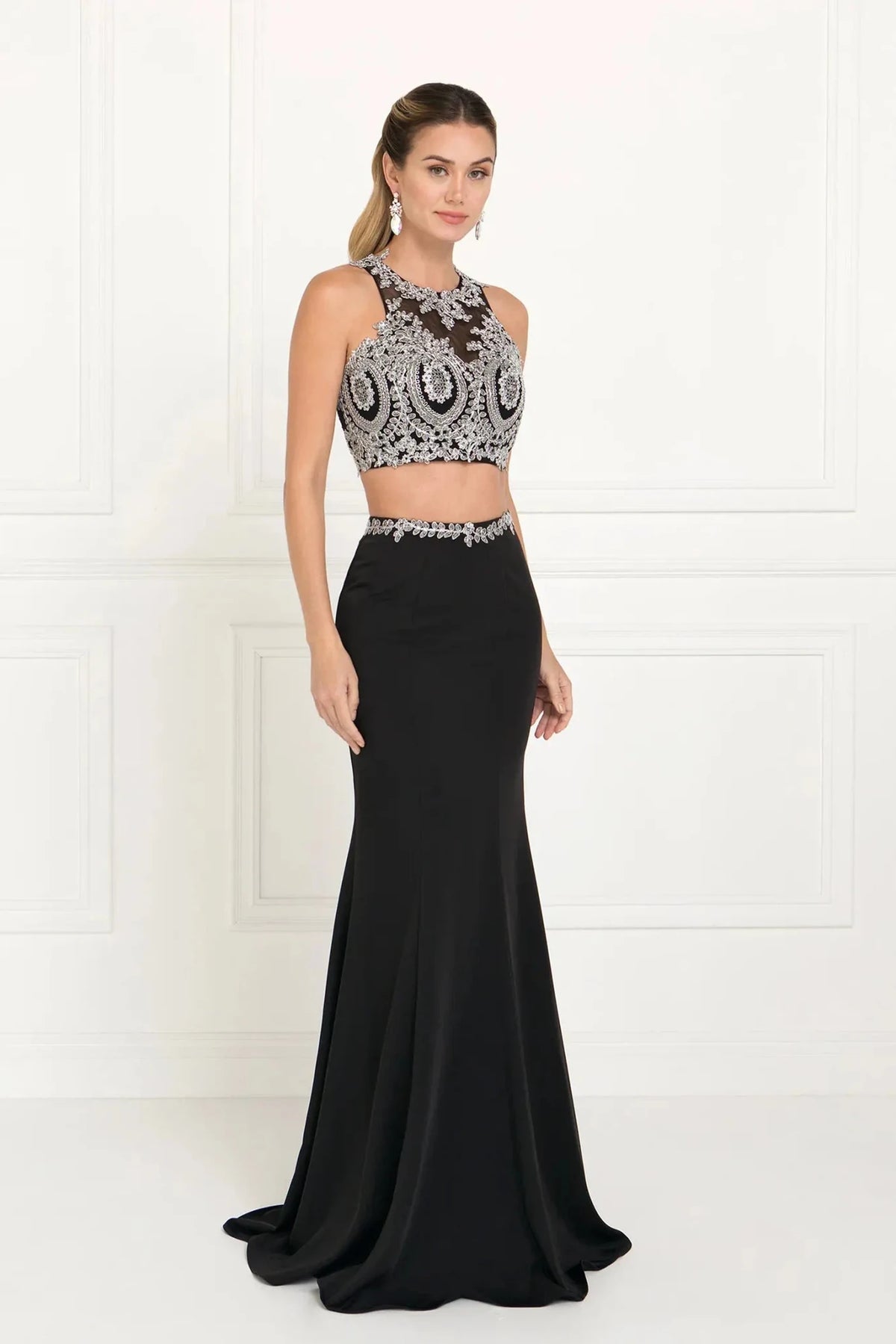Black/Silver embroidered prom evening dress full front