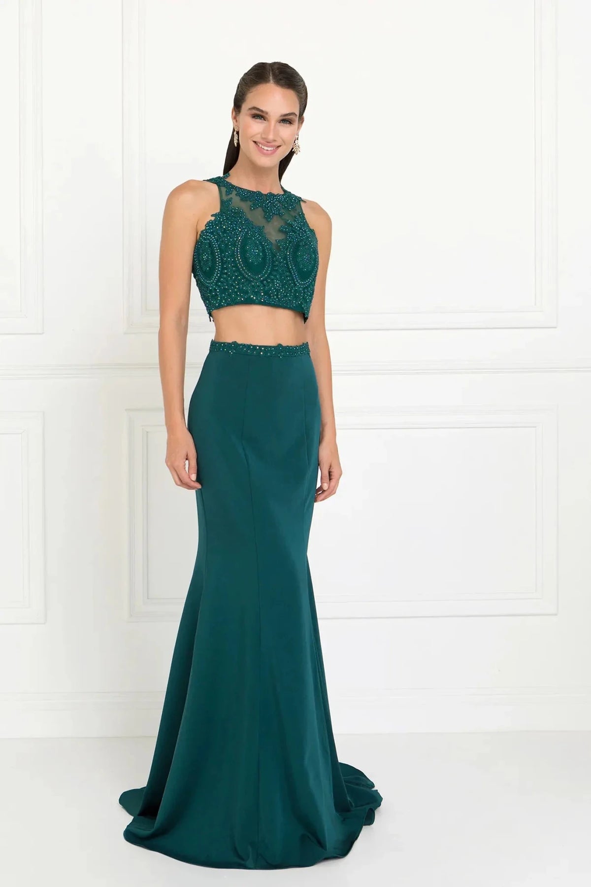 Teal embroidered prom evening dress full front