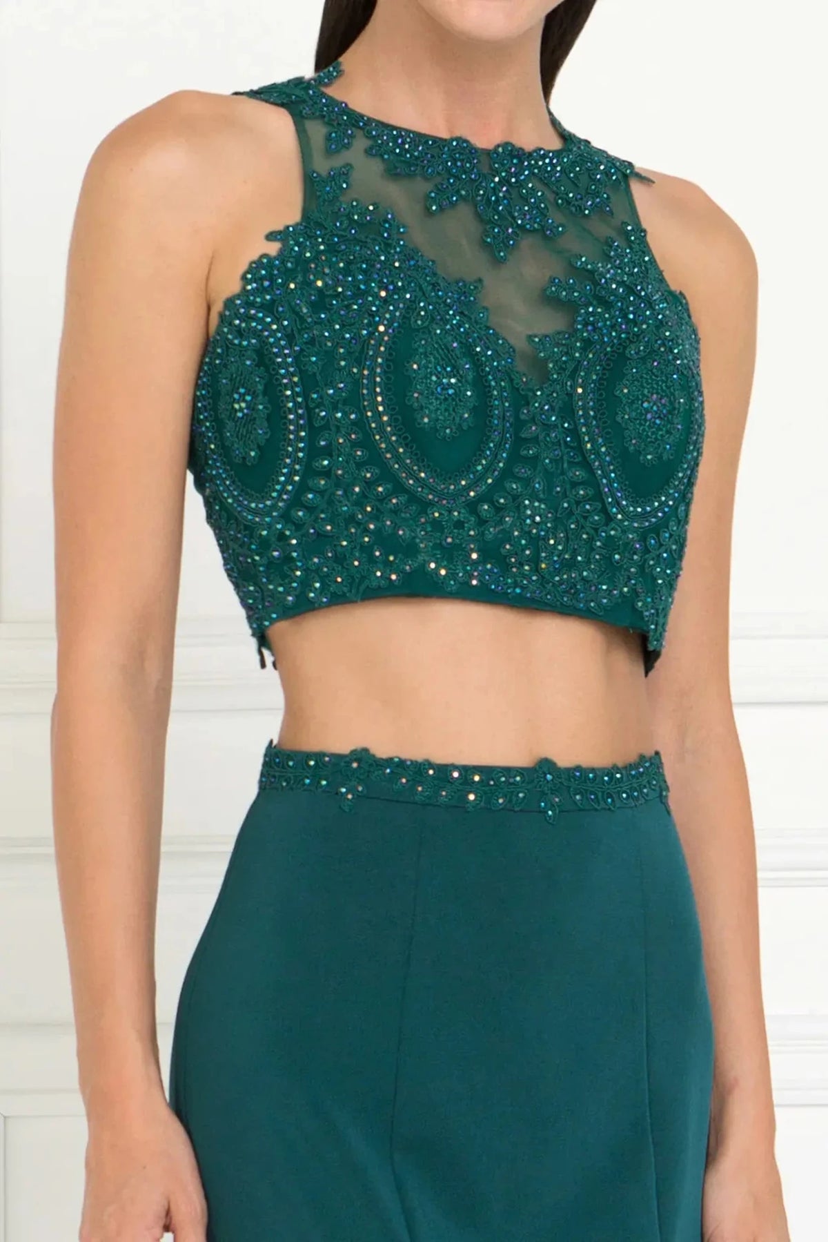 Teal high neck prom evening dress upper front with embroidery, jewel