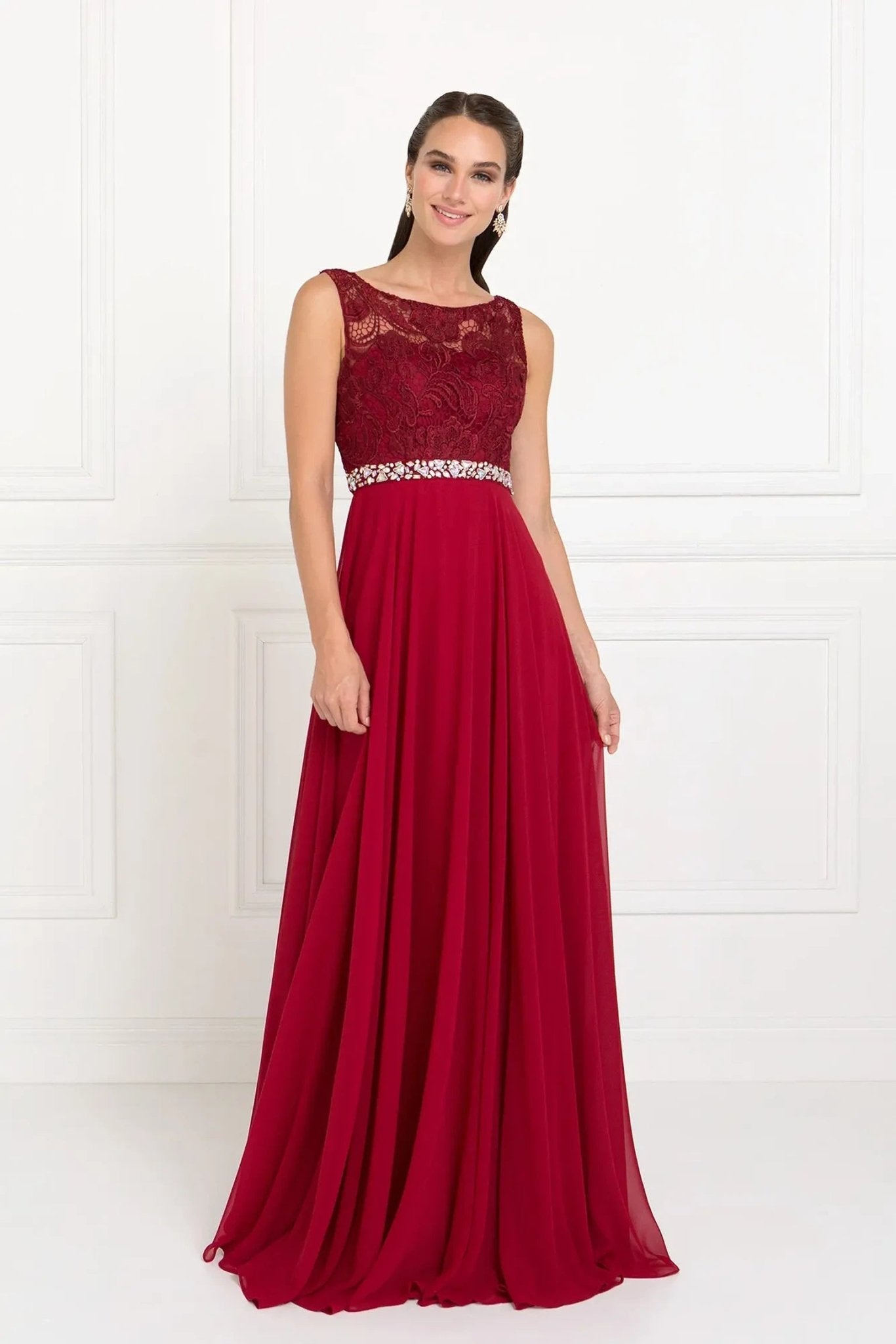 Burgundy embellished formal dress full front view