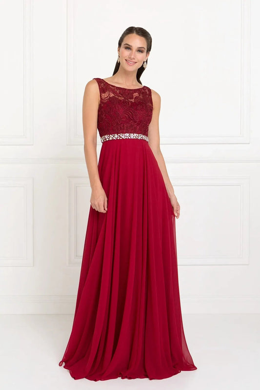 Burgundy embellished formal dress full front view