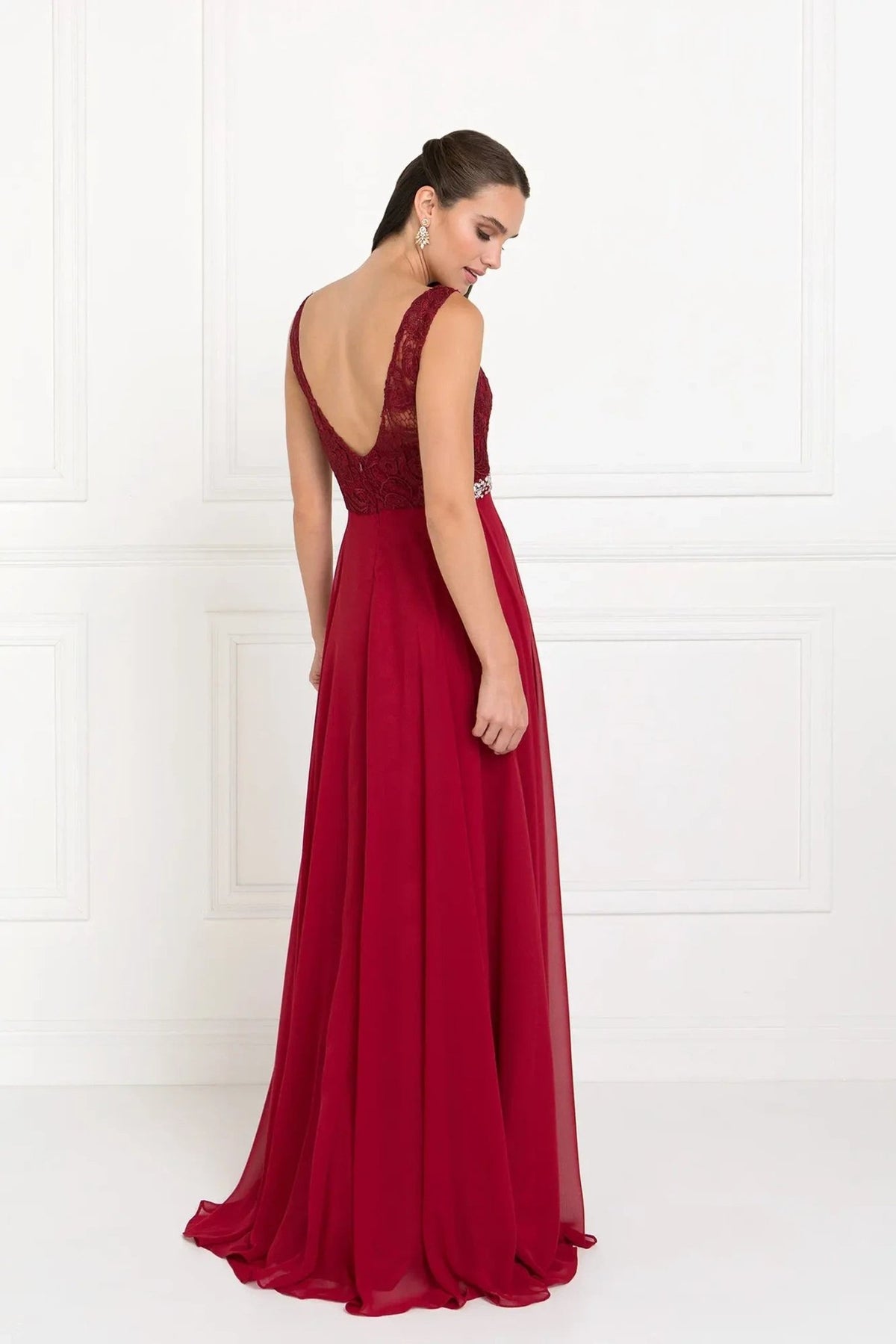 Burgundy embellished formal dress detail