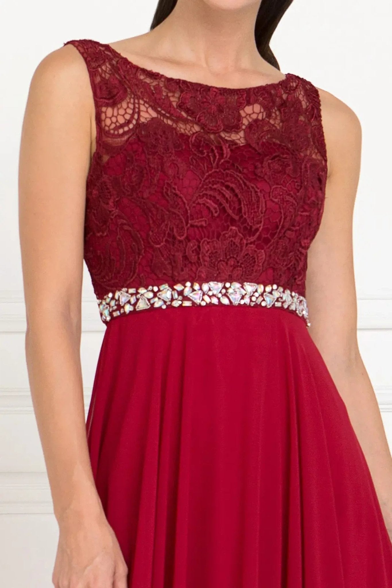Burgundy embellished formal dress back bodice detail