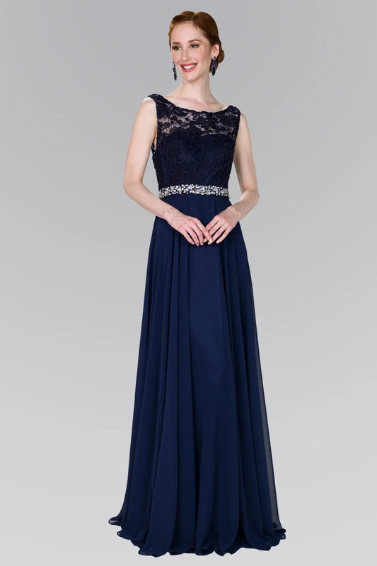 Navy embellished formal dress detail