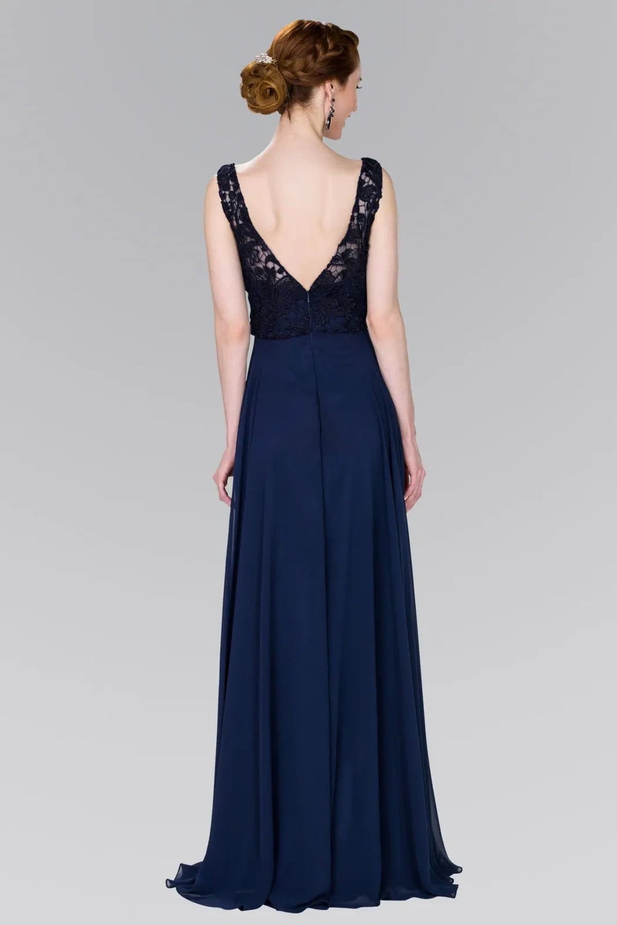 Navy embellished formal dress full front view