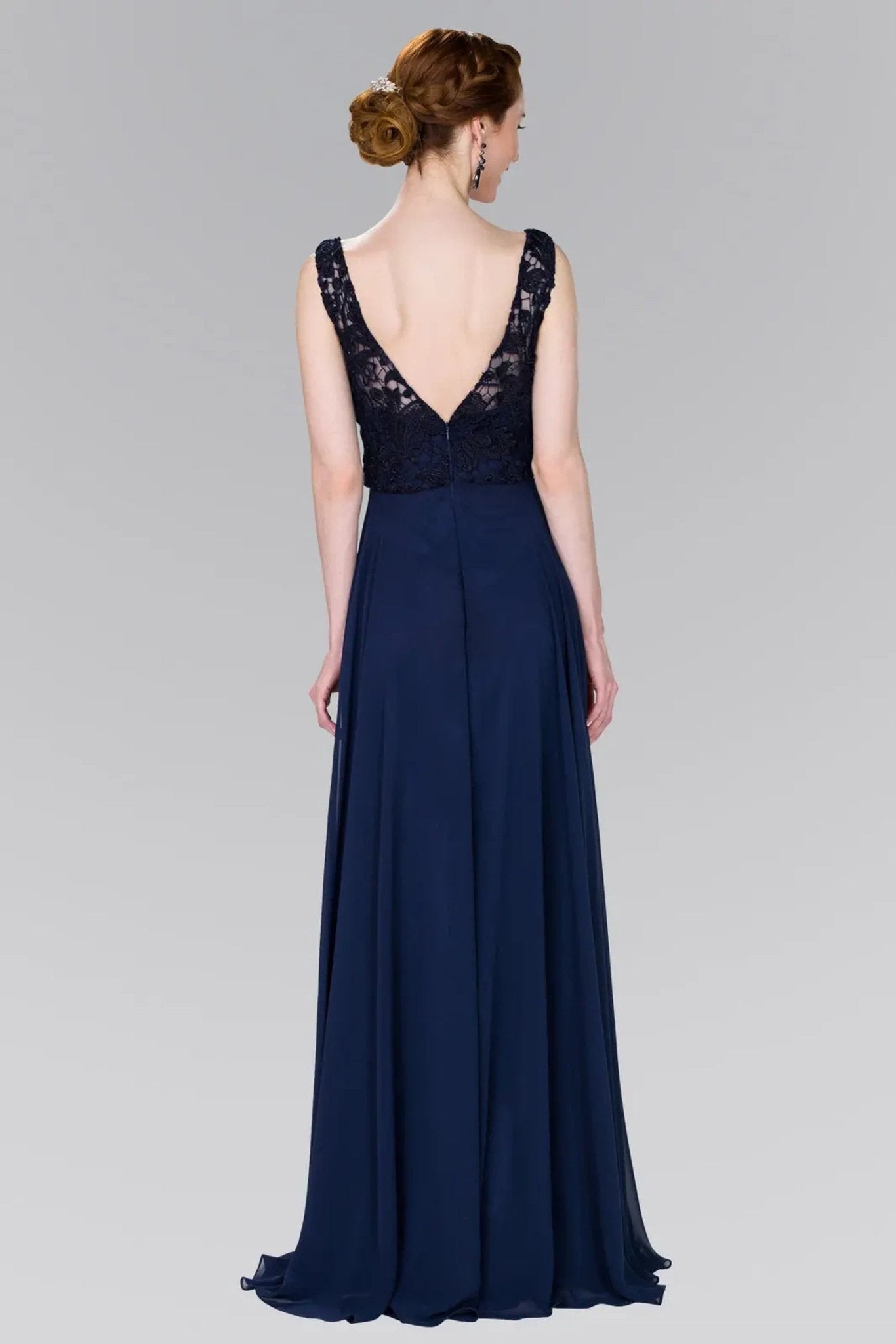 Navy embellished formal dress full front view