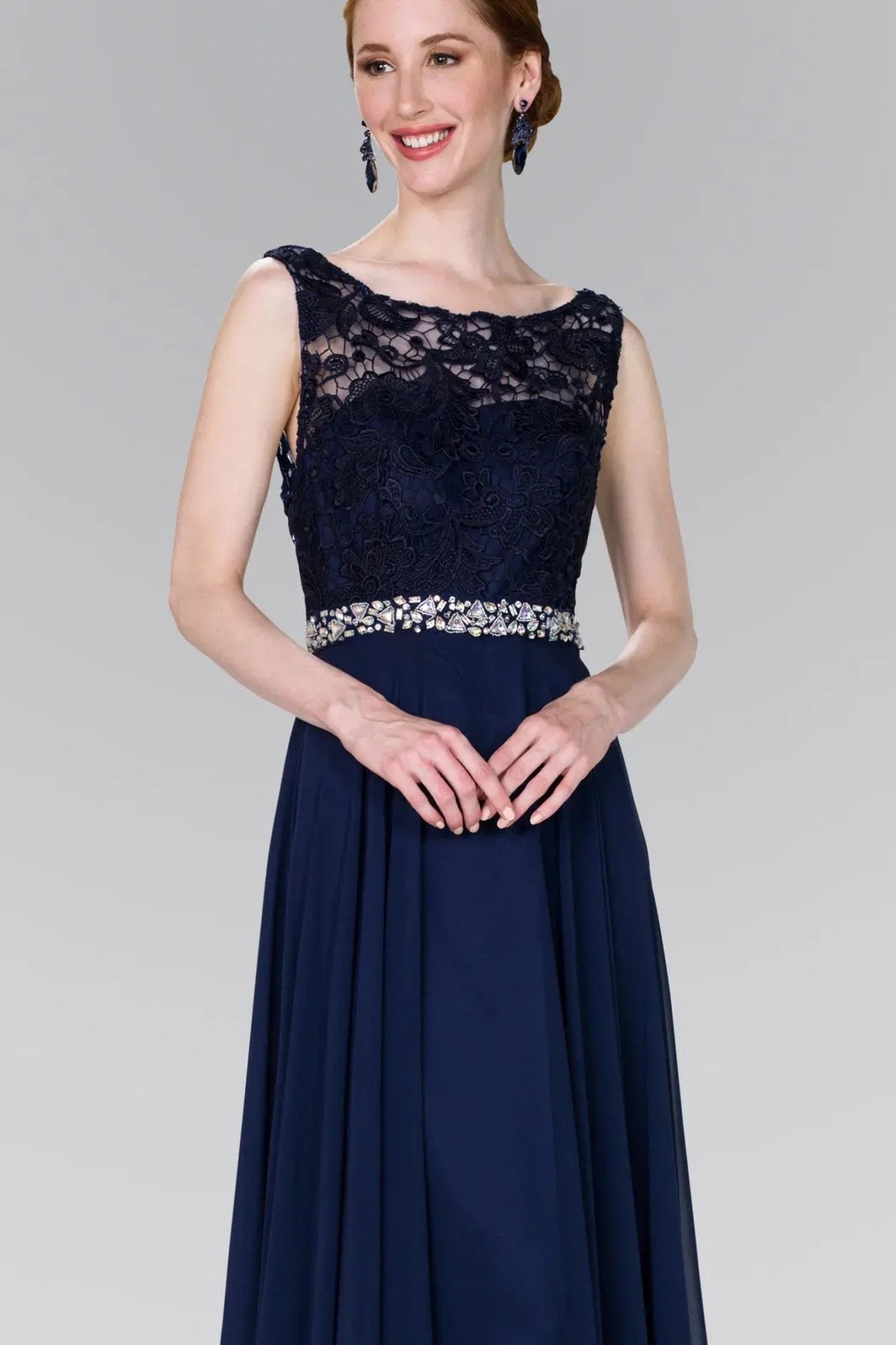 Navy embellished formal dress full back view