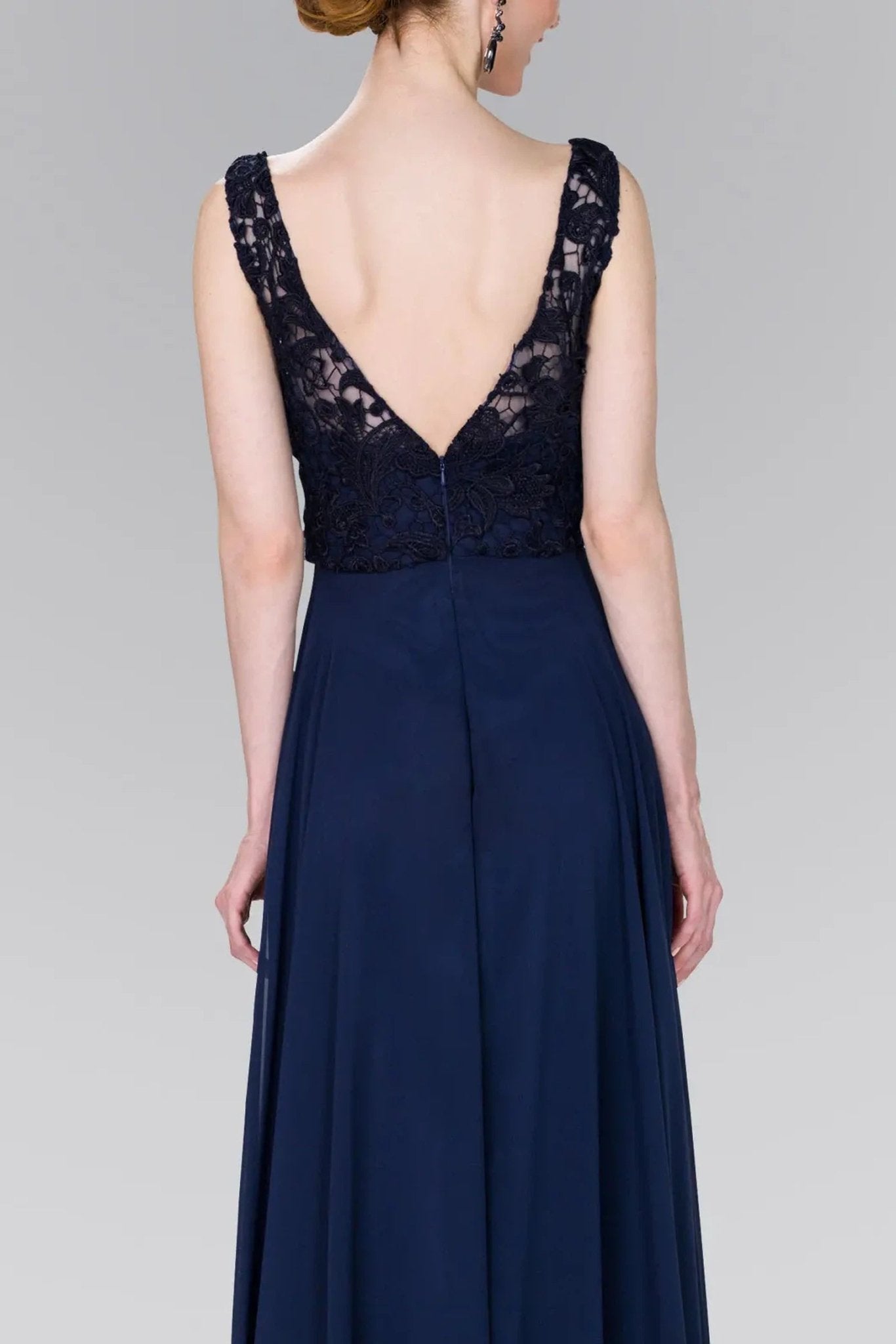 Navy embellished formal dress front bodice view