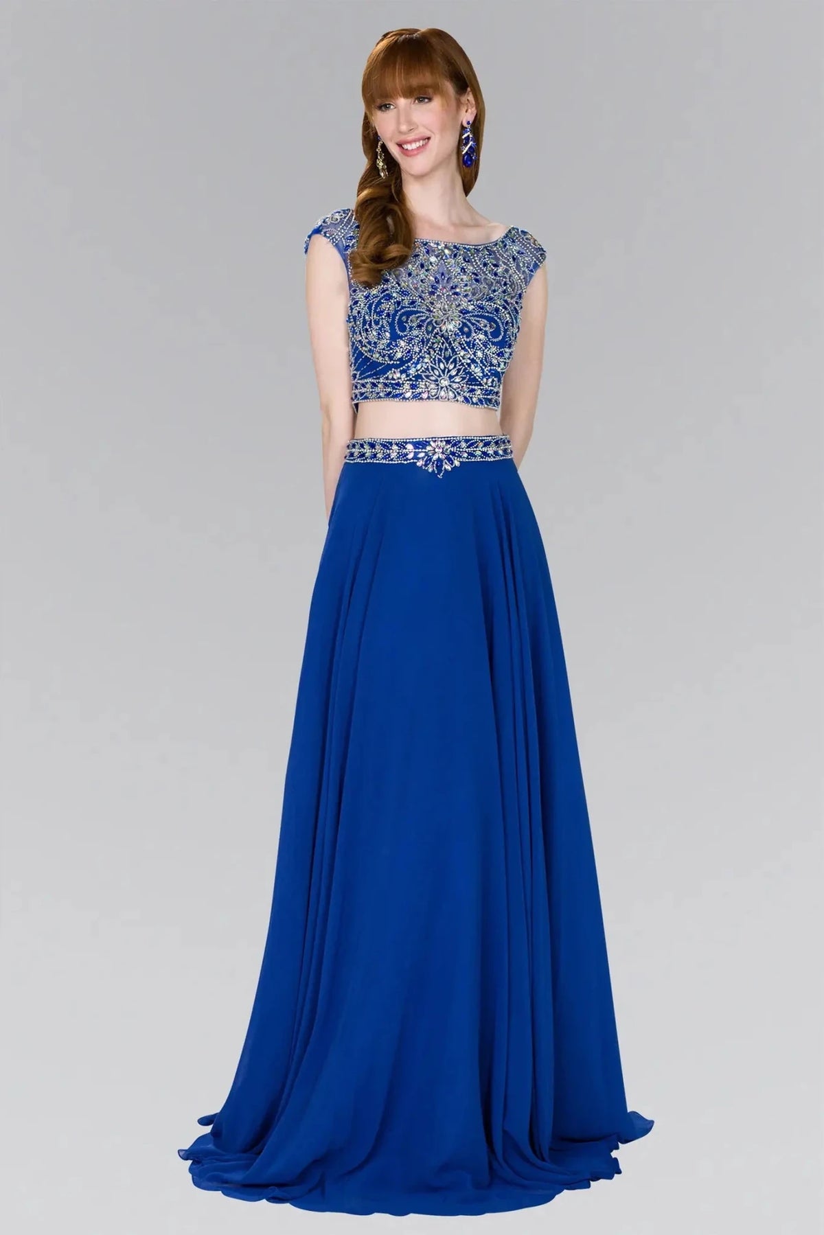 Royal Blue beaded prom evening dress full front