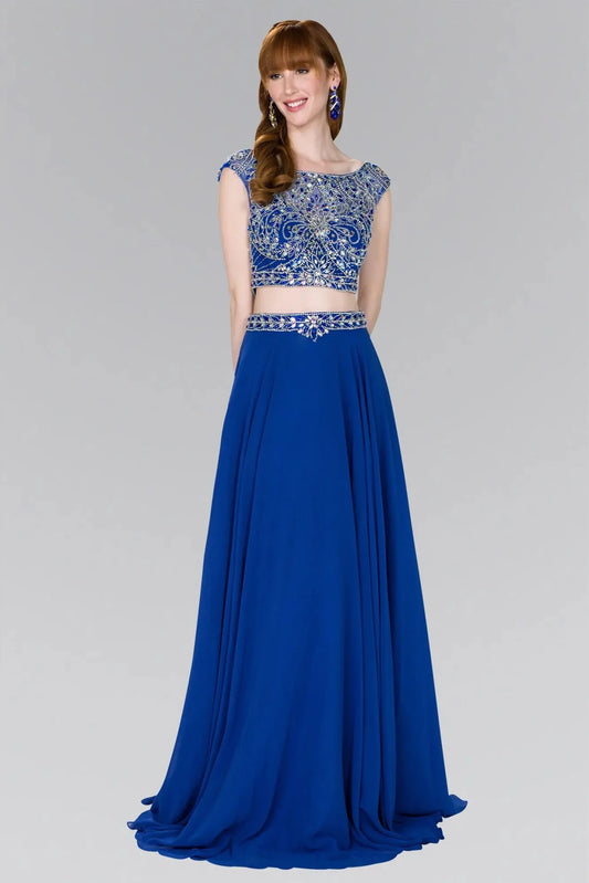 Full-length front view shows beaded styling on the Royal Blue prom evening dress.