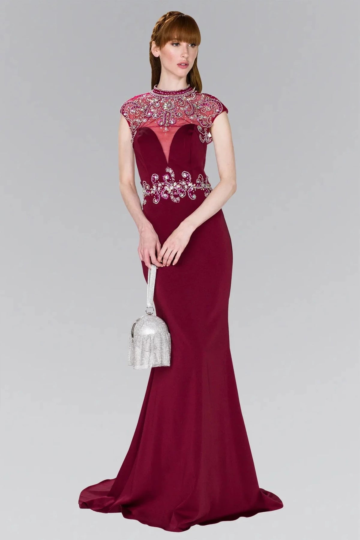 Burgundy beaded cap-sleeve prom evening dress full front
