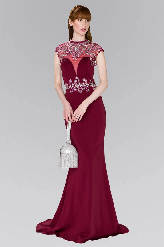 Full-length front view shows beaded cap-sleeve styling on the Burgundy prom evening dress.