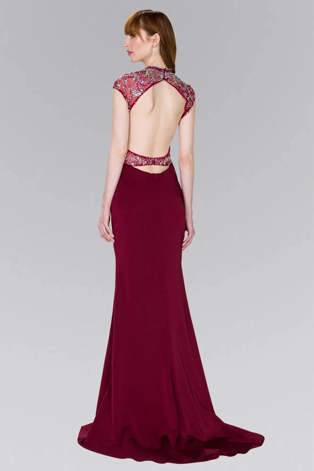 Burgundy prom evening dress full back with open back