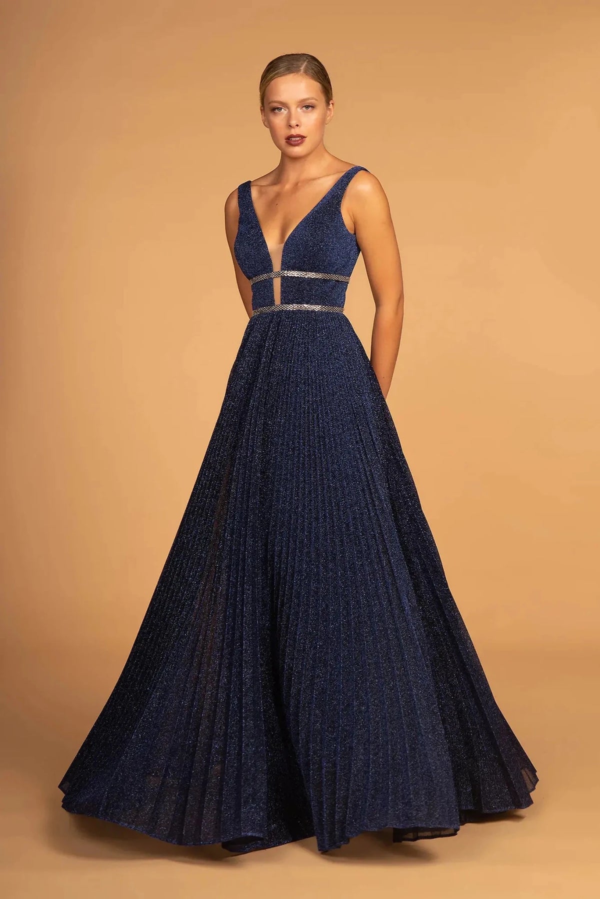 Navy beaded prom evening dress full front