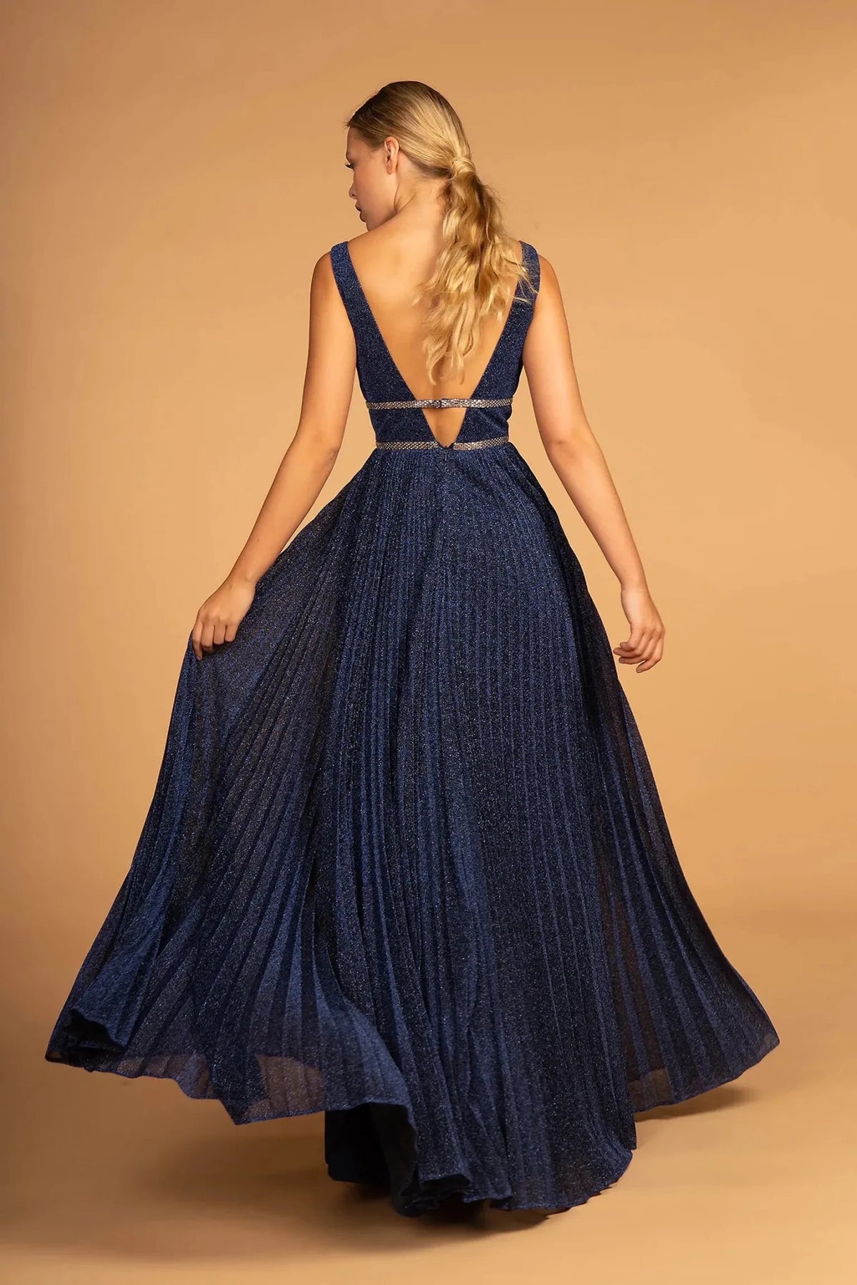 Navy prom evening dress full back with open back