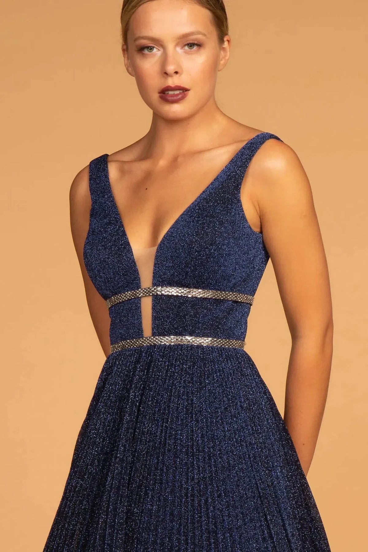 Navy v-neck prom evening dress upper front with jewel
