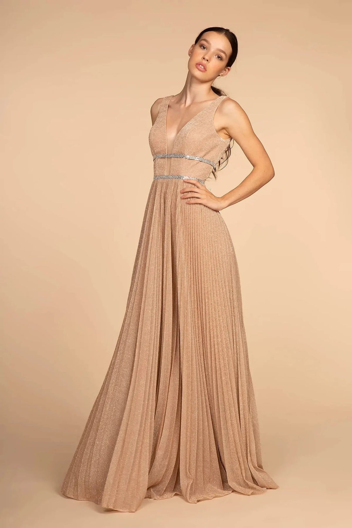 Rose Gold beaded prom evening dress full front