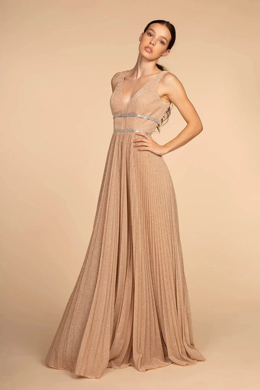 Full-length front view shows beaded styling on the Rose Gold prom evening dress.