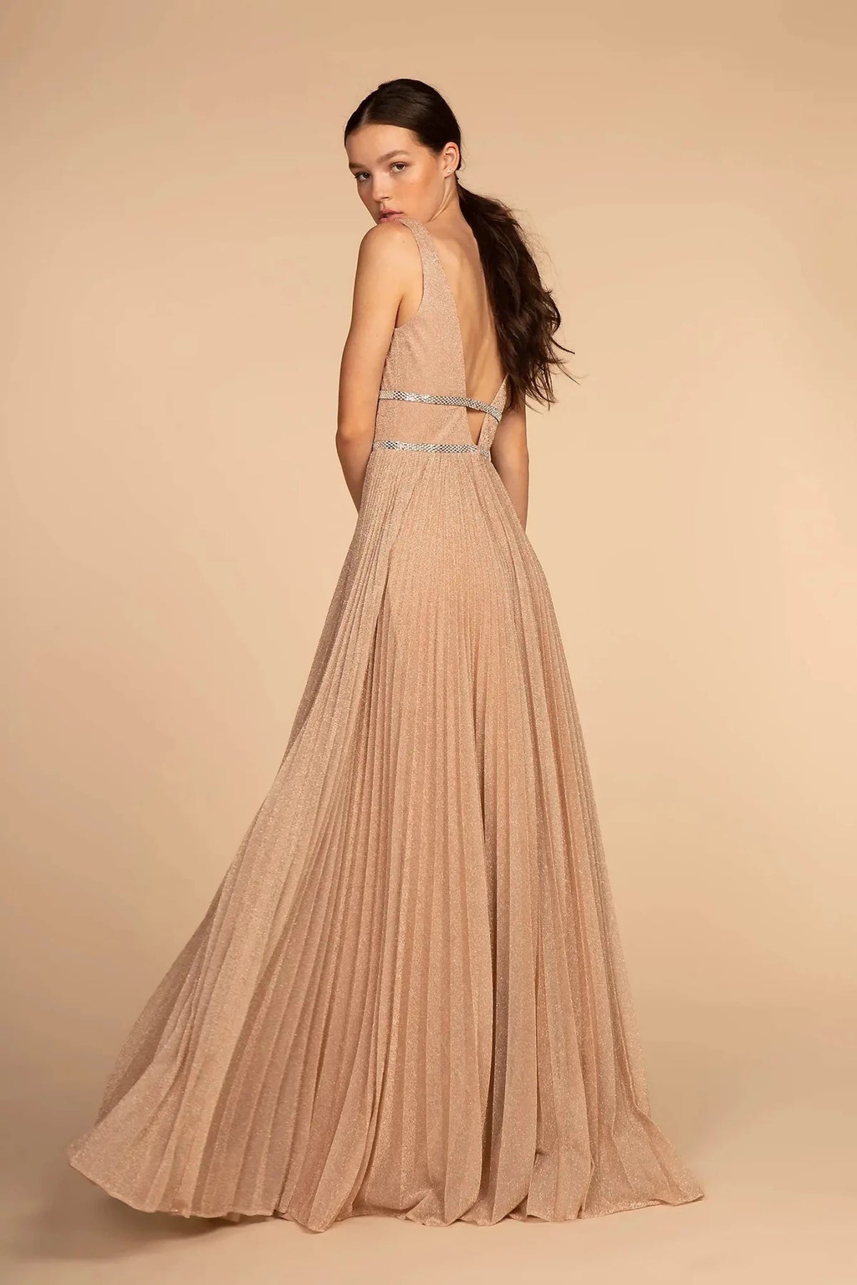 Rose Gold prom evening dress full back with open back