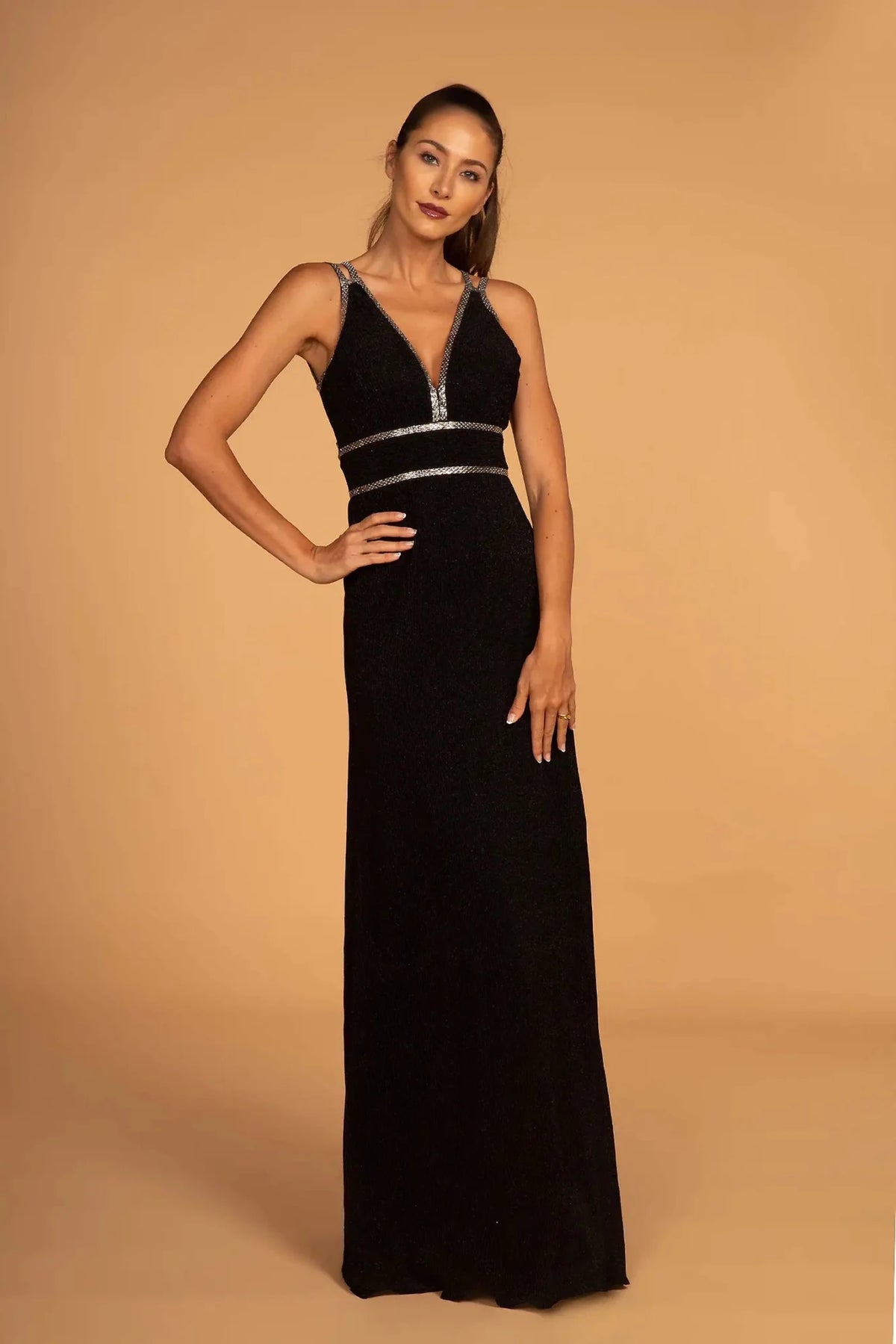 Black metallic prom evening dress full front