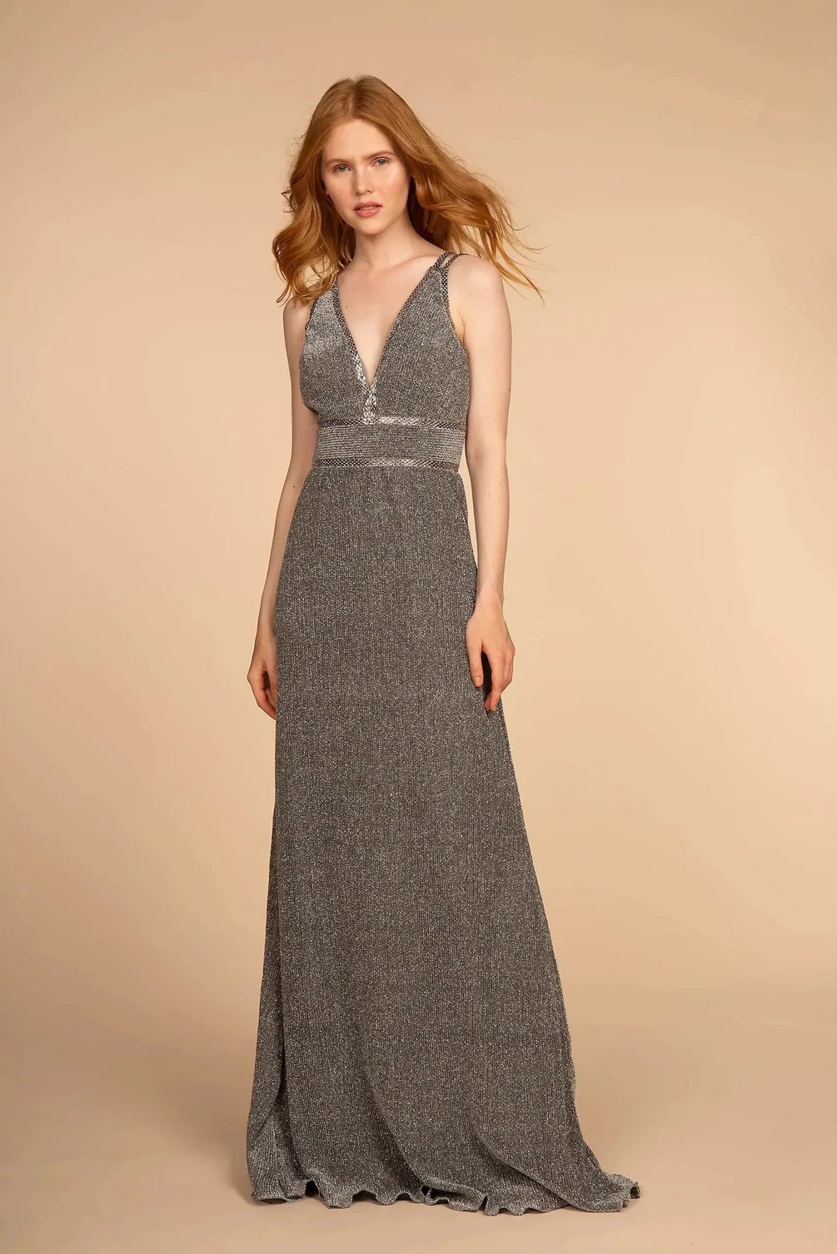 Dark Silver metallic prom evening dress full front
