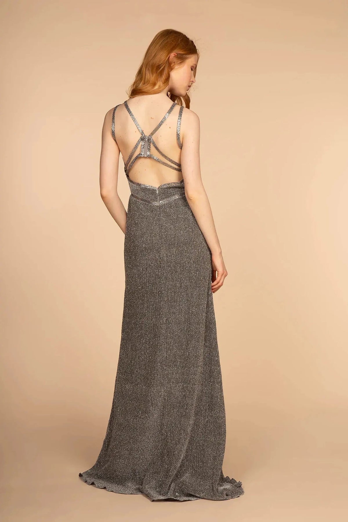 Dark Silver prom evening dress full back with open back