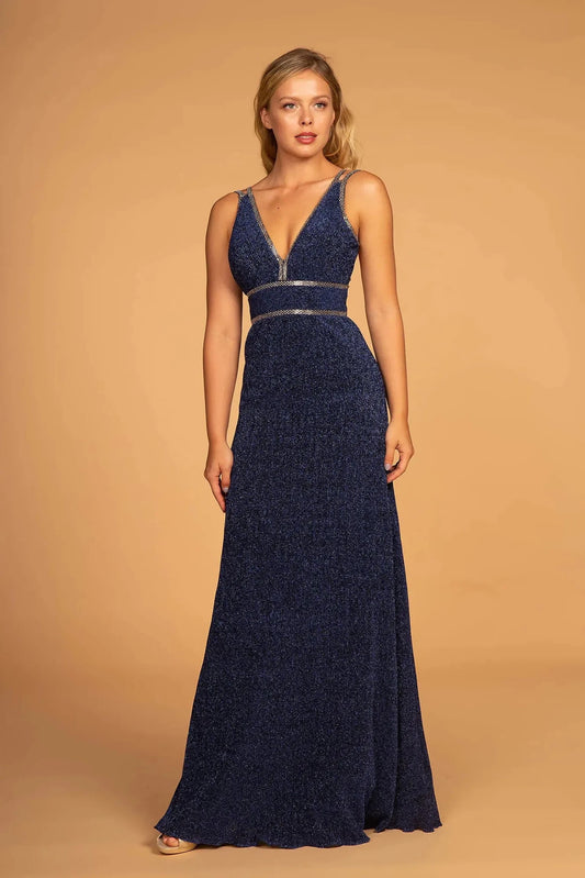 Full-length front view shows metallic styling on the Navy prom evening dress.