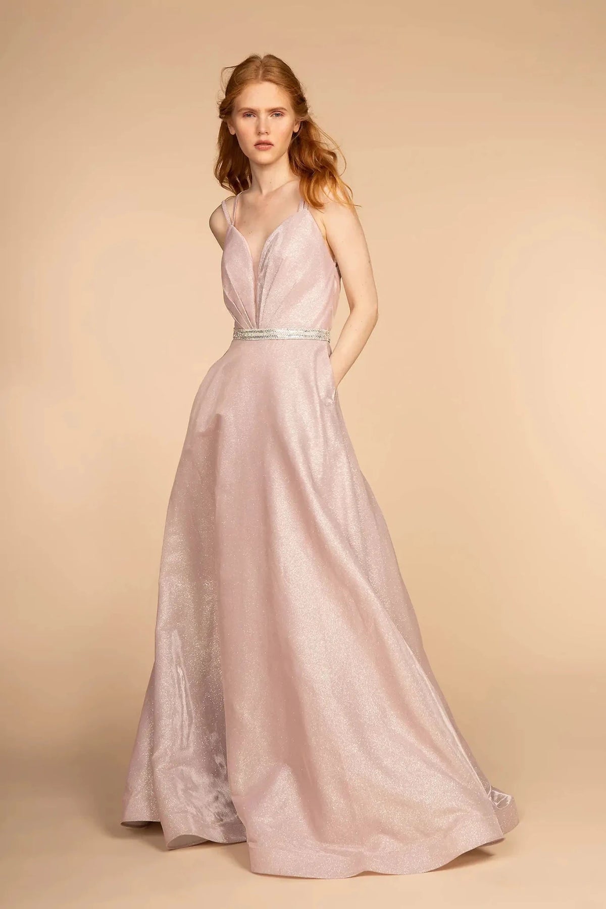 Baby Pink beaded prom evening dress full front