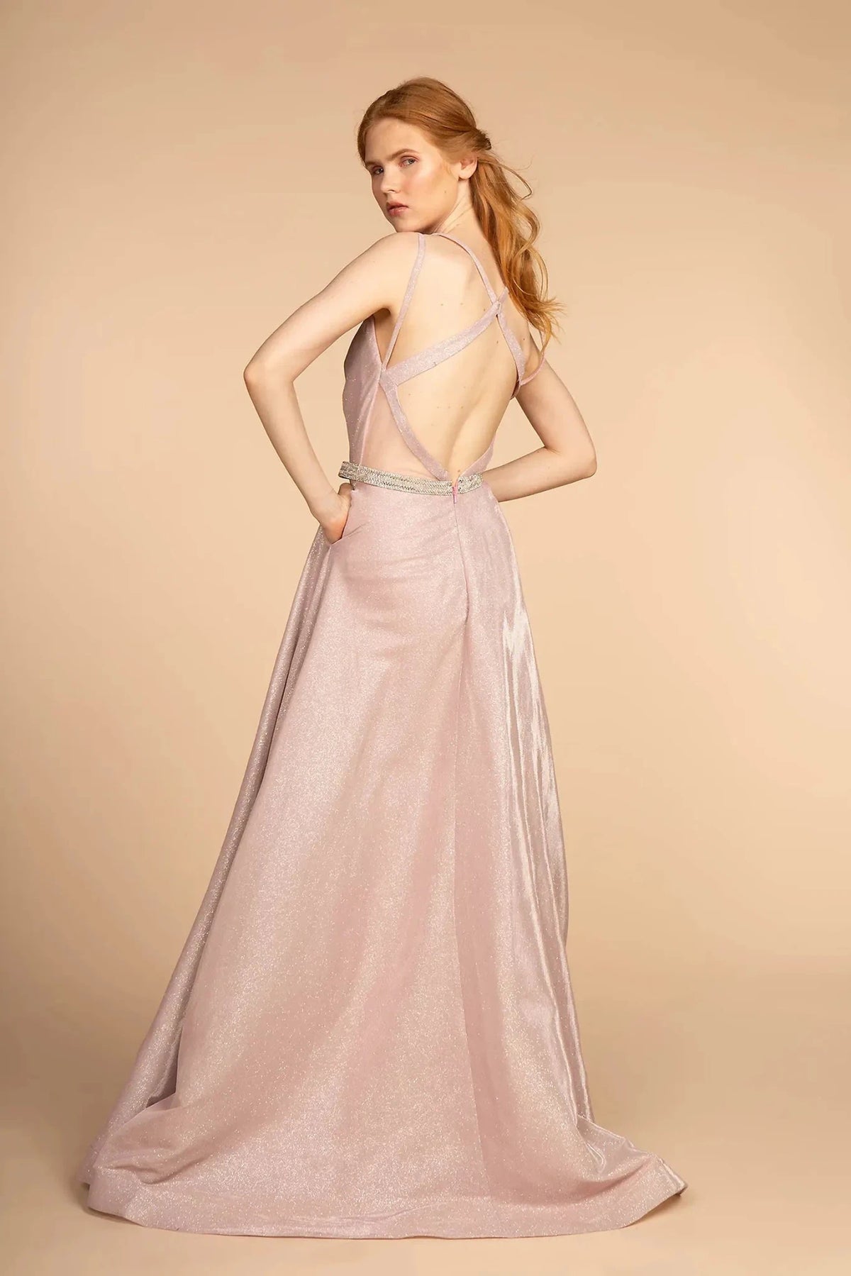 Baby Pink prom evening dress full back with open back