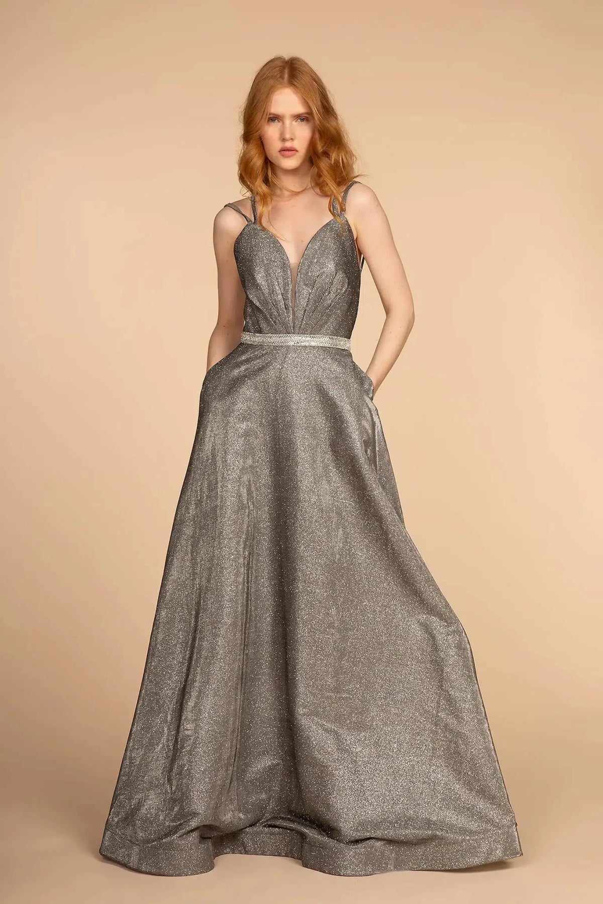 Dark Gray beaded prom evening dress full front