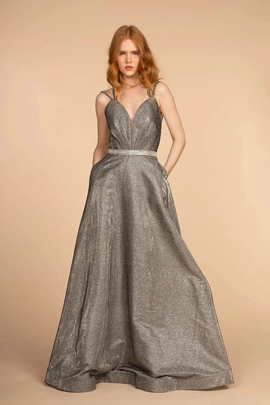Full-length front view shows beaded styling on the Dark Gray prom evening dress.