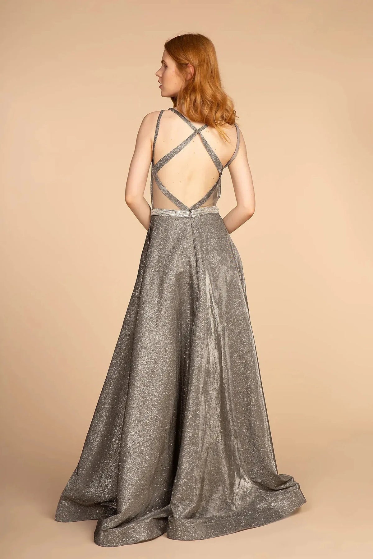 Dark Gray prom evening dress full back with open back