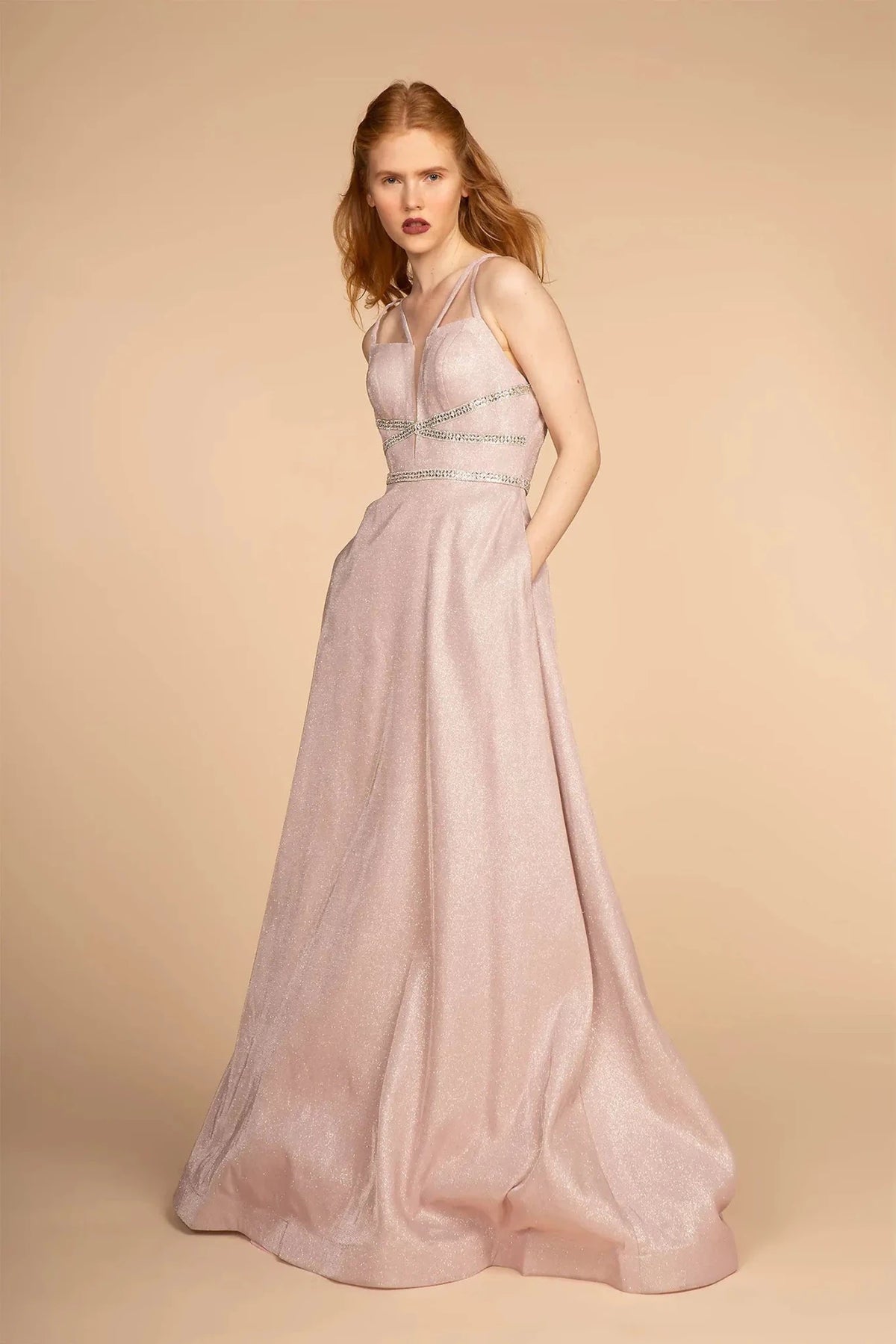 Baby Pink beaded prom evening dress full front