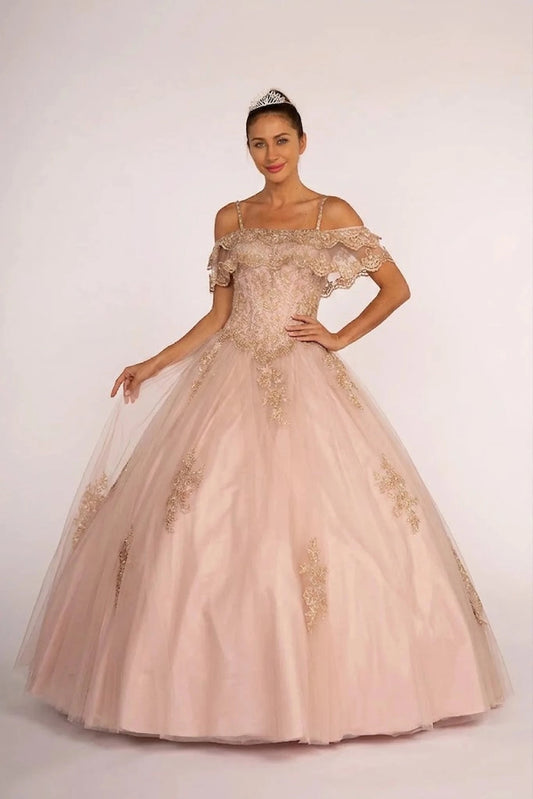 Full-length Blush quinceañera ball gown showcases an off-shoulder lace neckline and gold appliqué on the skirt.