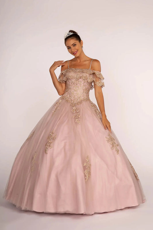 Sweeping Mauve quinceañera ball gown is shown in full with a lace-trimmed off-shoulder neckline and gold appliqué skirt.