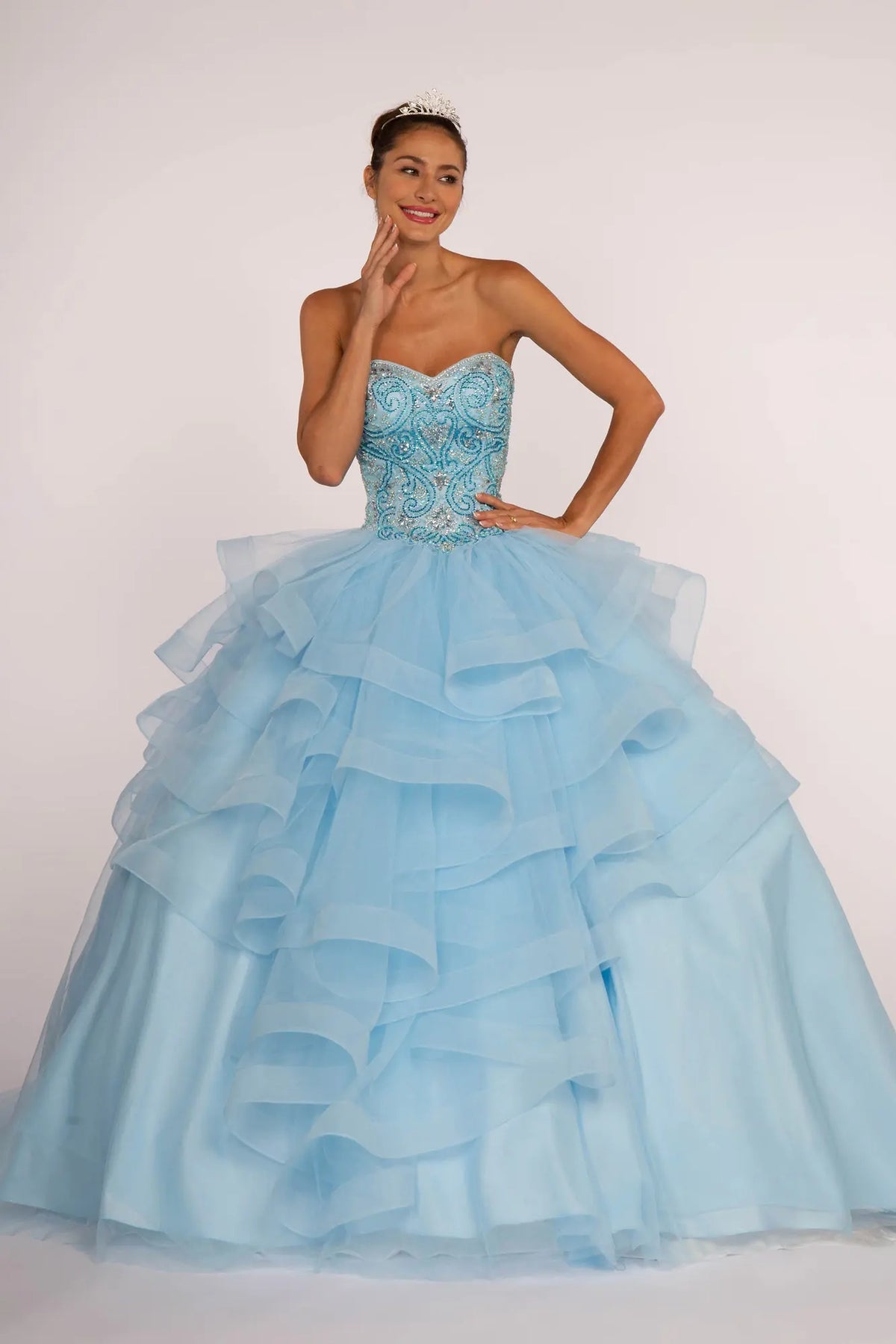 Full-length view presents the Sky quinceañera ball gown with rhinestone bodice.
