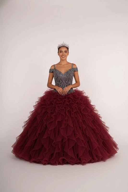 Full-length Burgundy quinceañera ball gown showcases a silver off-shoulder bodice and burgundy tiered tulle skirt.