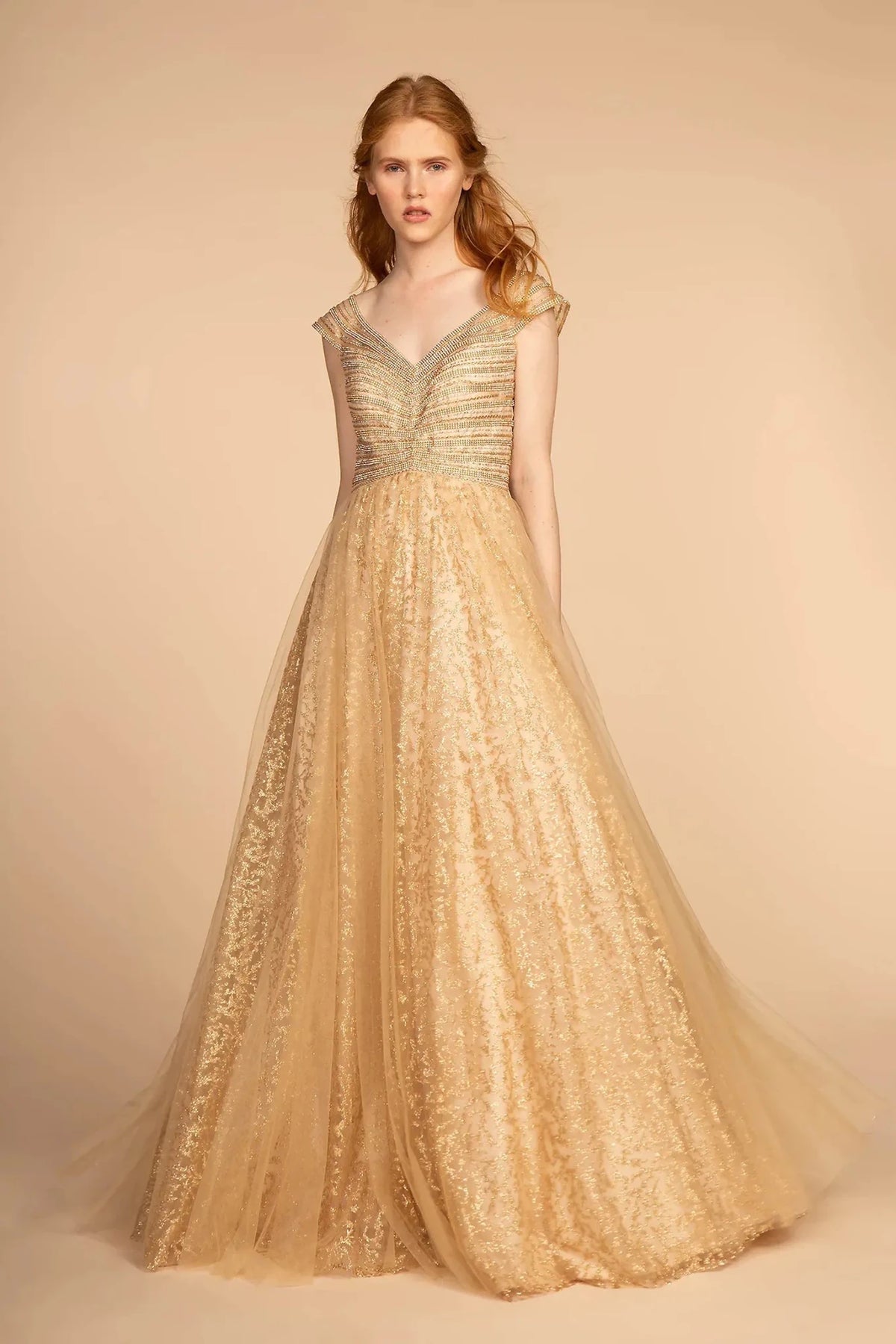 Gold beaded cap-sleeve prom evening dress full front