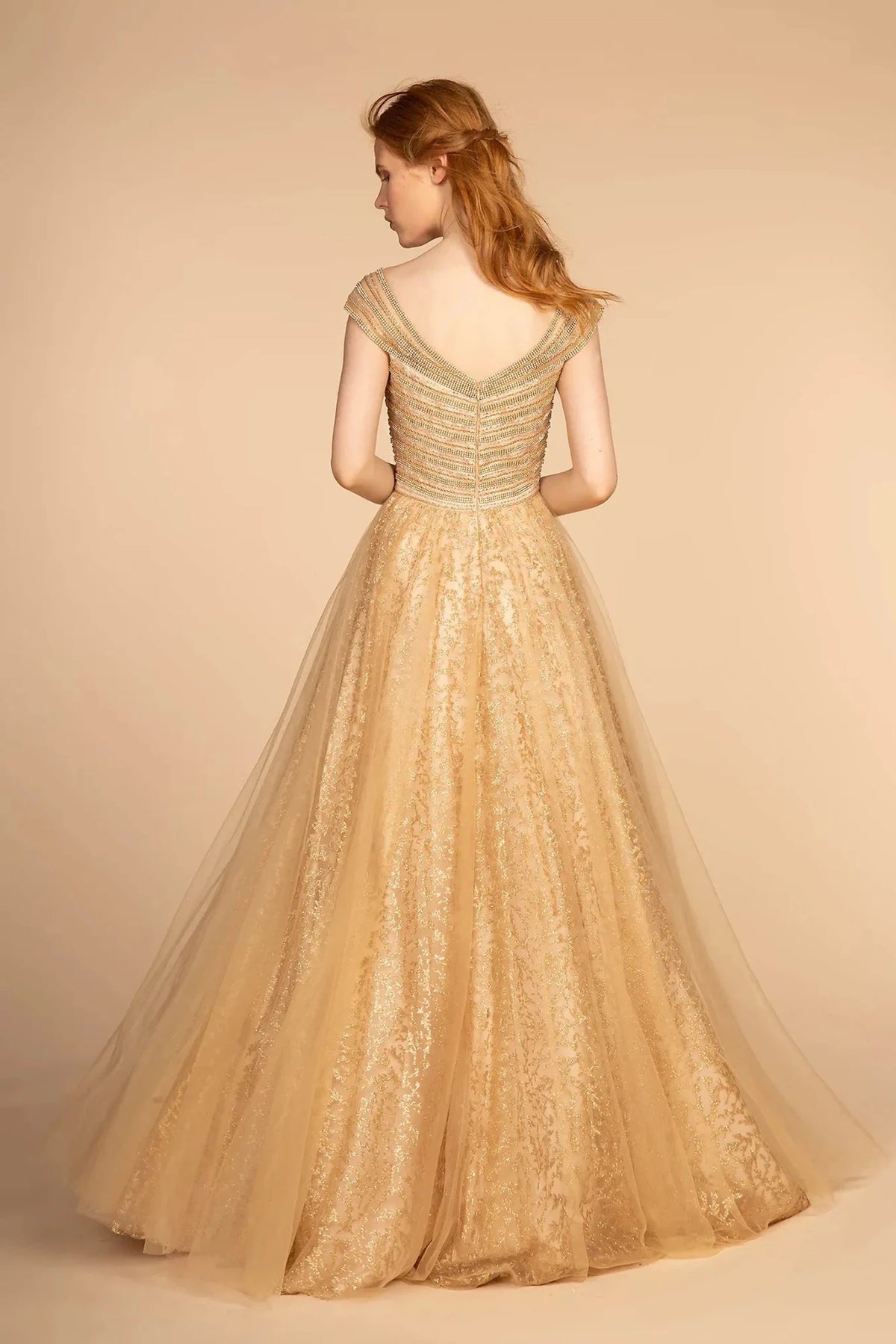 Gold prom evening dress full back with open back